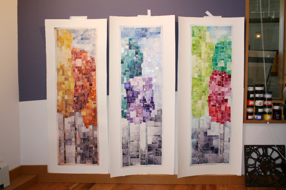 Autumn, Winter and Spring completed from my Four Seasons series, all watercolor, each image approximately 48 x 15 inches.