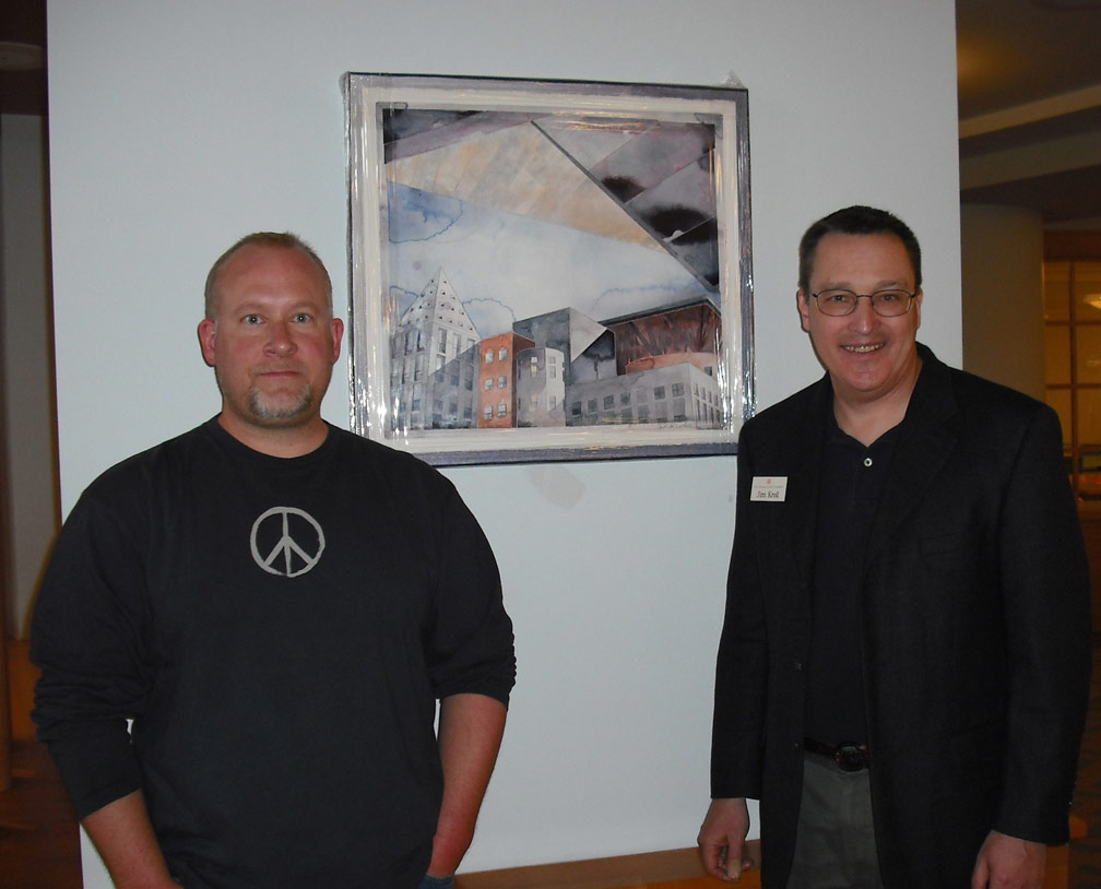Delivering my painting to Jim Kroll, DPL's Manager of Western History/Genealogy Department
