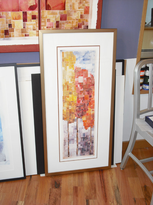 Tall Autumn Trees Fine Art Print (about 40 x 20 inches framed size; $390 as framed with hand-embellished metallic highlights).