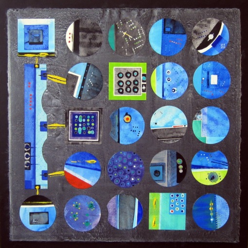 "Rama Control Panel: Blue Sector 1", watercolor mounted on canvas, 30 x 30 inches, $1,200.