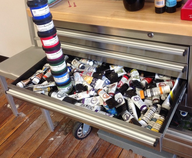 My acrylic drawer filled with now obsolete Daniel Smith Acrylics.